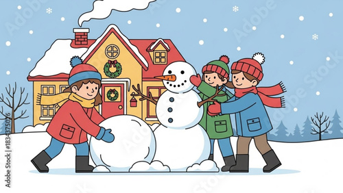 Joyful children building a snowman together in winter wonderland, creating heartwarming holiday memories with family and friends in snowy weather