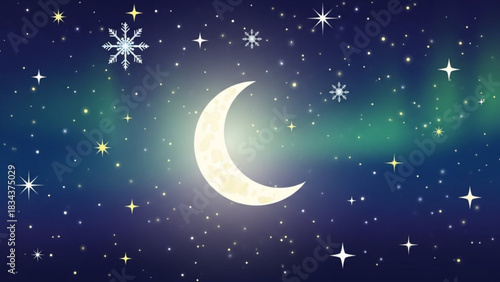 Dreamy crescent moon and stars evoke peaceful winter nights, perfect for holiday cards and magical storybooks. Originally a scalable vector graphic.
