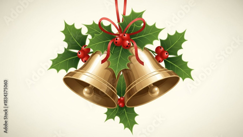 Festive golden jingle bells with bright holly and berries, tied with a red ribbon, spreading holiday cheer and seasonal spirit, a classic symbol of Christmas joy