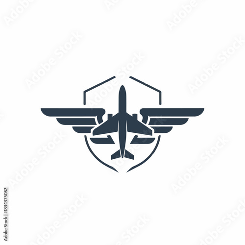 Airplane flying inside a shield with wings emblem logo design