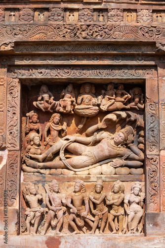 India, Uttar Pradesh, Lalitpur, Beautifully Carved Portrait of  Sheshashayyi Lord Vishnu on the Dashavtara Temple, Ancient 6th Century Gupta Period Temple Deogarh.