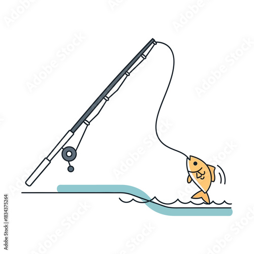 Fishing rod catching a fish jumping from the water.