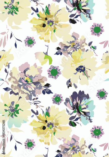 Seamless colorful floral pattern. Hand drawn flowers, herbs, leaves, branches, berries, tulip. Simple cute flat vector elements. Design for textile, cover, wallpaper