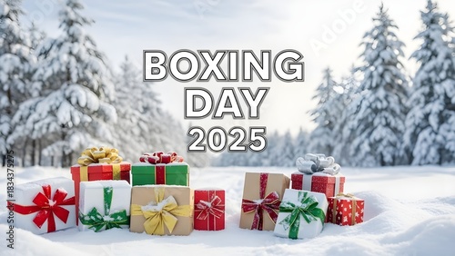 Festive boxing day 2025 celebration with gifts in a snowy winter wonderland landscape