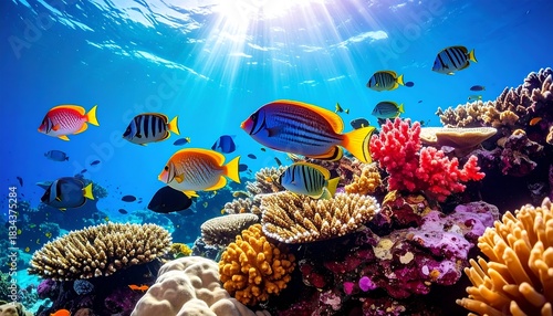 Fototapeta Naklejka Na Ścianę i Meble -  A vibrant coral reef teeming with diverse, colorful fish under bright sunlight piercing through clear blue water