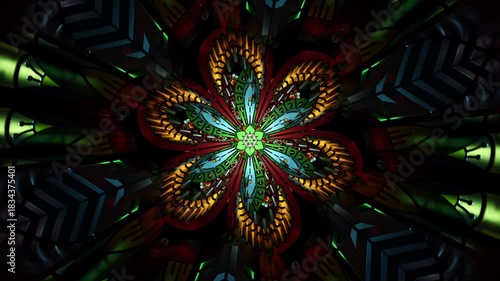 Colorful ornamental mandala with layered floral geometry, glowing symmetrical kaleidoscope structure, elegant decorative 3D render blending natural forms and futuristic detail in a radiant abstract