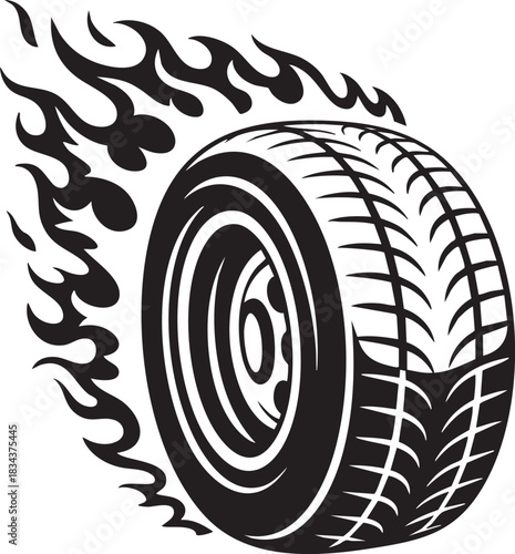A black and white illustration of a car tire engulfed in stylized flames, conveying speed and intensity.