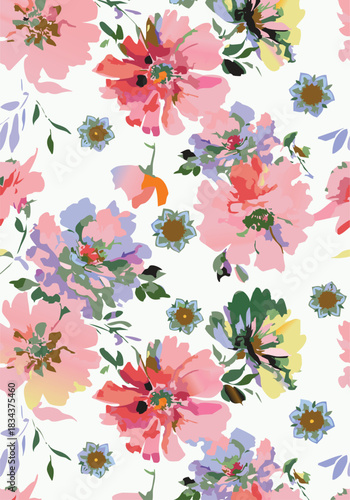 Seamless colorful floral pattern. Hand drawn flowers, herbs, leaves, branches, berries, tulip. Simple cute flat vector elements. Design for textile, cover, wallpaper