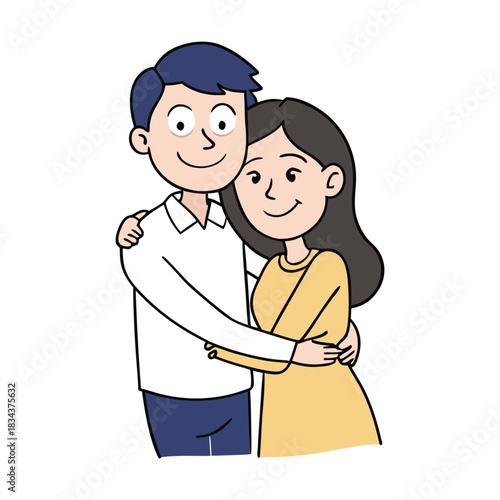 A man and woman share a warm hug, their arms wrapped closely as they smile with comfort and trust. The moment reflects connection, support, and deep emotional warmth.

