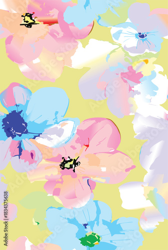 Seamless colorful floral pattern. Hand drawn flowers, herbs, leaves, branches, berries, tulip. Simple cute flat vector elements. Design for textile, cover, wallpaper