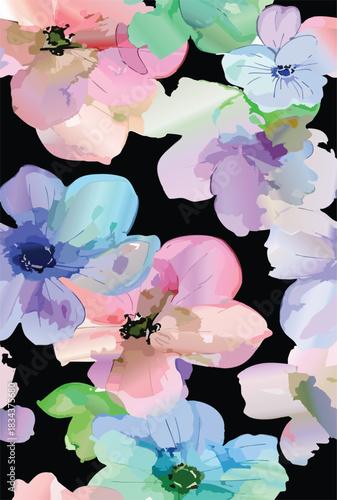 seamless floral pattern on a black background. The pattern is densely packed with small bouquets of flowers. The flowers are stylized, appearing almost like peonies or large roses.