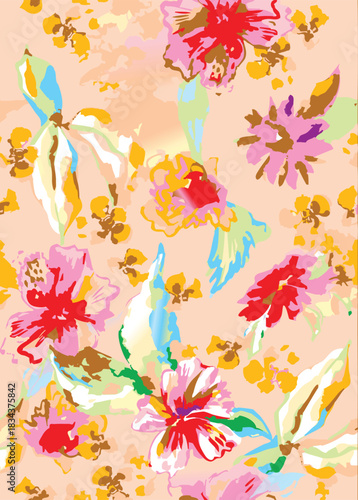 Seamless colorful floral pattern. Hand drawn flowers, herbs, leaves, branches, berries, tulip. Simple cute flat vector elements. Design for textile, cover, wallpaper