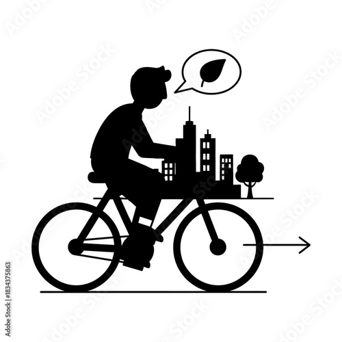 Man cycling with city model promoting eco friendly urban transport.