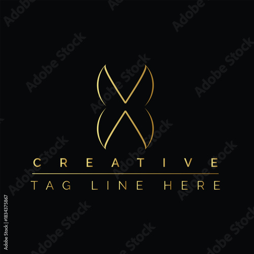Gold abstract letter X logo with text CREATIVETAGLINEHERE on black vector