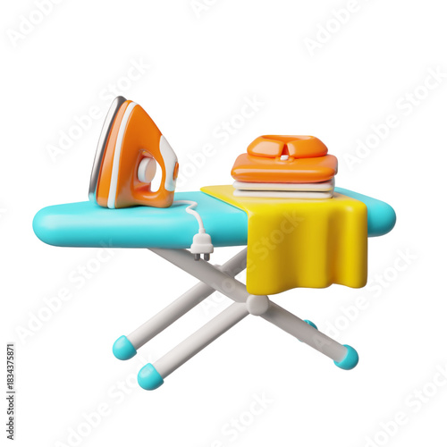 Ironing board with iron and a stack of clothes 3D cartoon plastic style, vector laundry equipment, home appliance