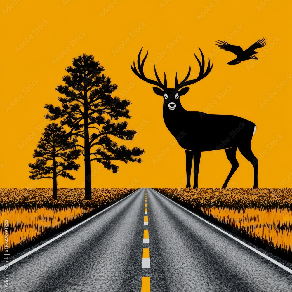 Fototapeta premium Deer and road landscape, stylized graphic, black, yellow, and grey, representing wilderness, travel, and animal habitat