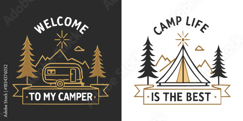 Minimal vintage camping trailer and tent illustration for outdoor adventure badge and nature emblem design
