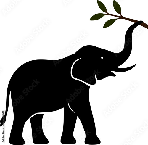Elephant Silhouette Vector, Side View Wildlife Design Reaching for Branch in Minimal Nature Style