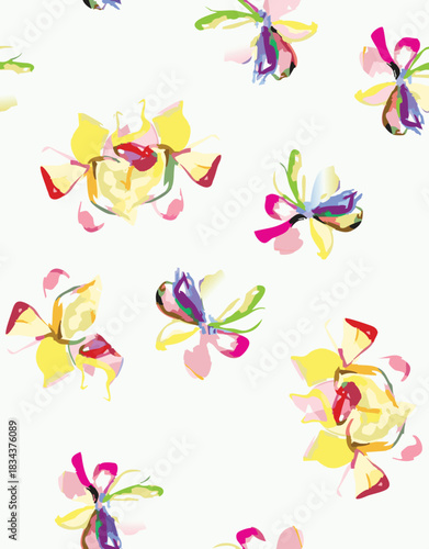 Seamless colorful floral pattern. Hand drawn flowers, herbs, leaves, branches, berries, tulip. Simple cute flat vector elements. Design for textile, cover, wallpaper