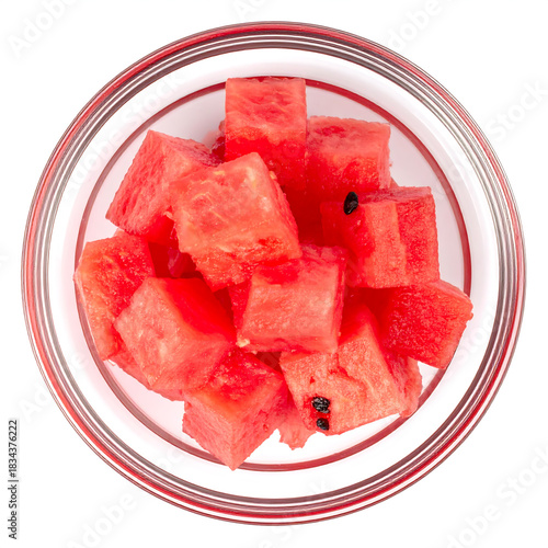 Fresh Watermelon Cubes in Glass Bowl - Overhead View