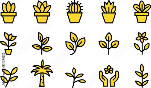Plant and Botanical Icons Set – Nature, Growth, Leaves, Gardening, Eco Elements