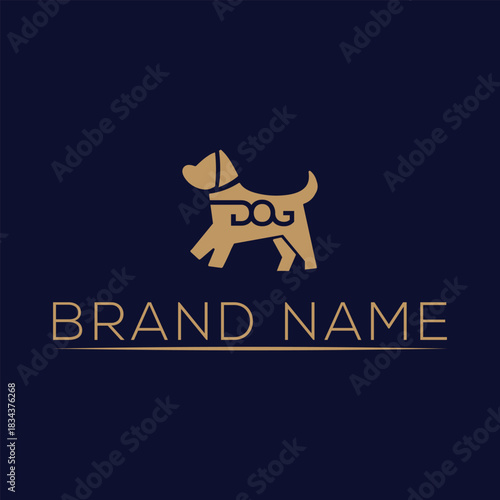 Gold Dog Silhouette Logo with " DOG" on Body and Brand Name on Dark Blue animal canine