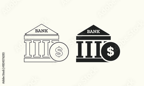 Classic bank building icons with column architecture and dollar symbols. Ideal for financial topics, banking services, business, and economic illustrations.