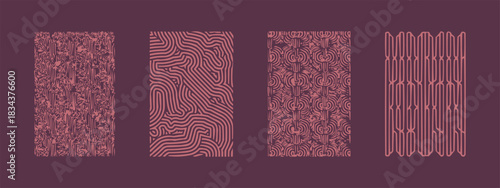 Abstract pink geometric pattern set with modern line art textures on dark background