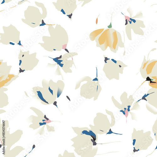 Seamless colorful floral pattern. Hand drawn flowers, herbs, leaves, branches, berries, tulip. Simple cute flat vector elements. Design for textile, cover, wallpaper
