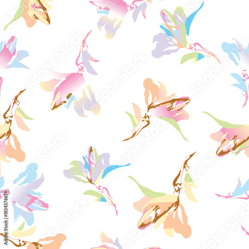 Seamless colorful floral pattern. Hand drawn flowers, herbs, leaves, branches, berries, tulip. Simple cute flat vector elements. Design for textile, cover, wallpaper
