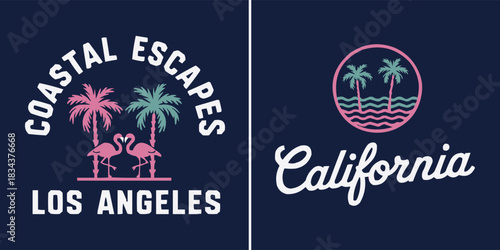 Retro coastal escapes graphic with flamingos palm trees Los Angeles text and California beach emblem in pastel vintage style