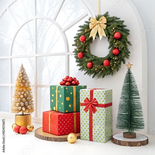 Christmas Gift Display with Festive Decor on a Pure White Background and transparent background