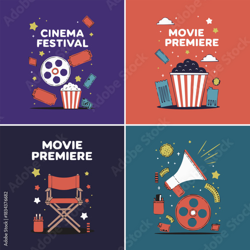 Cinema festival and movie premiere illustration set with film reel, popcorn, director chair, tickets, and megaphone elements