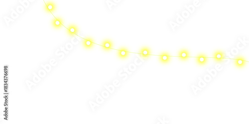 A decorative string of glowing yellow lights hanging in a gentle curve on a white background.