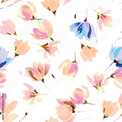 Seamless colorful floral pattern. Hand drawn flowers, herbs, leaves, branches, berries, tulip. Simple cute flat vector elements. Design for textile, cover, wallpaper