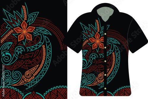 Hawaiian Shirt with Intricate Tribal Floral Design, Printable shirt vector template, Vibrant Tribal Swirls Apparel Print for Sports Jersey, Polynesian tribal style jersey or t shirt vector template.