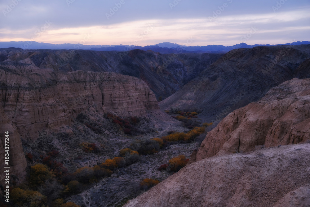Fototapeta premium Charyn Canyon scenic canyon in Kazakhstan at sunset or sunrise. Light rocks, dark riverbed with autumn vegetation and mountains on the horizon create an atmosphere of tranquility.