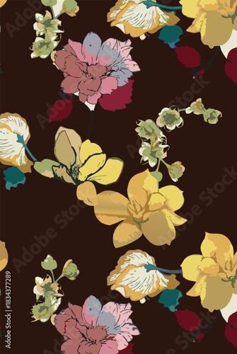 seamless floral pattern on a black background. The pattern is densely packed with small bouquets of flowers. The flowers are stylized, appearing almost like peonies or large roses.