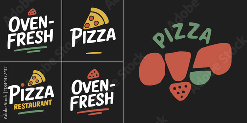 Hand-drawn pizza and oven-fresh restaurant logo set with playful sliced graphics in bold colorful style
