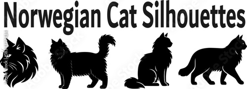 Norwegian Cat Silhouette Set, Four Feline Poses for Pet Branding and Domestic Animal Vector Design