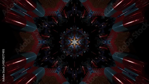 Dark metallic mandala with wood-like textures and glowing geometric star-shaped core, intricate symmetrical kaleidoscope design, detailed ornamental 3D abstract artwork with futuristic cosmic depth