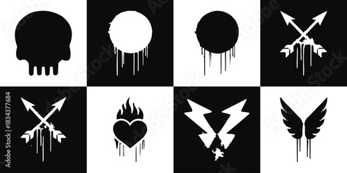 Grunge icon set with skull arrows heart wings lightning and dripping circle shapes in bold black and white street art style