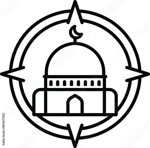 Muslim pray mosque vector illustration black and white compass line icon, qibla direction sign for muslims