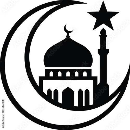 Muslim pray mosque crescent moon star symbol vector illustration, islamic religious icon silhouette