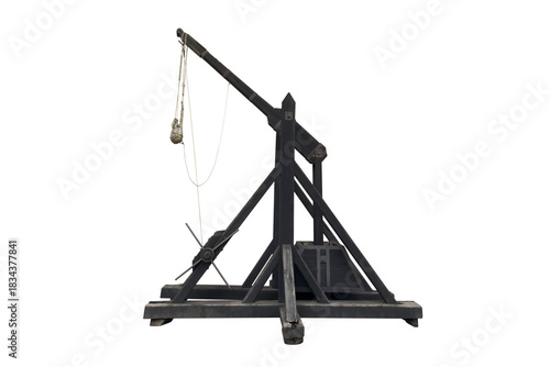 фотографія wooden medieval throwing machine trebuchet isolated on white background