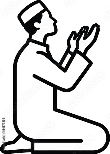 Muslim man kneeling in prayer, hands raised in supplication, a moment of deep devotion and reflection