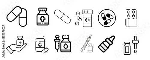 Icon Design, silhouette and line icon pack - Collection of medical icons representing pills capsules bottles syringes and other healthcare items isolated on transparent background