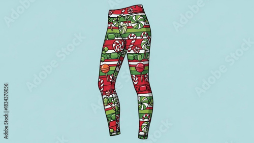 Festive christmas candy pattern leggings featuring swirl lollipops candy canes and wrapped sweets in red green and white on a light blue background