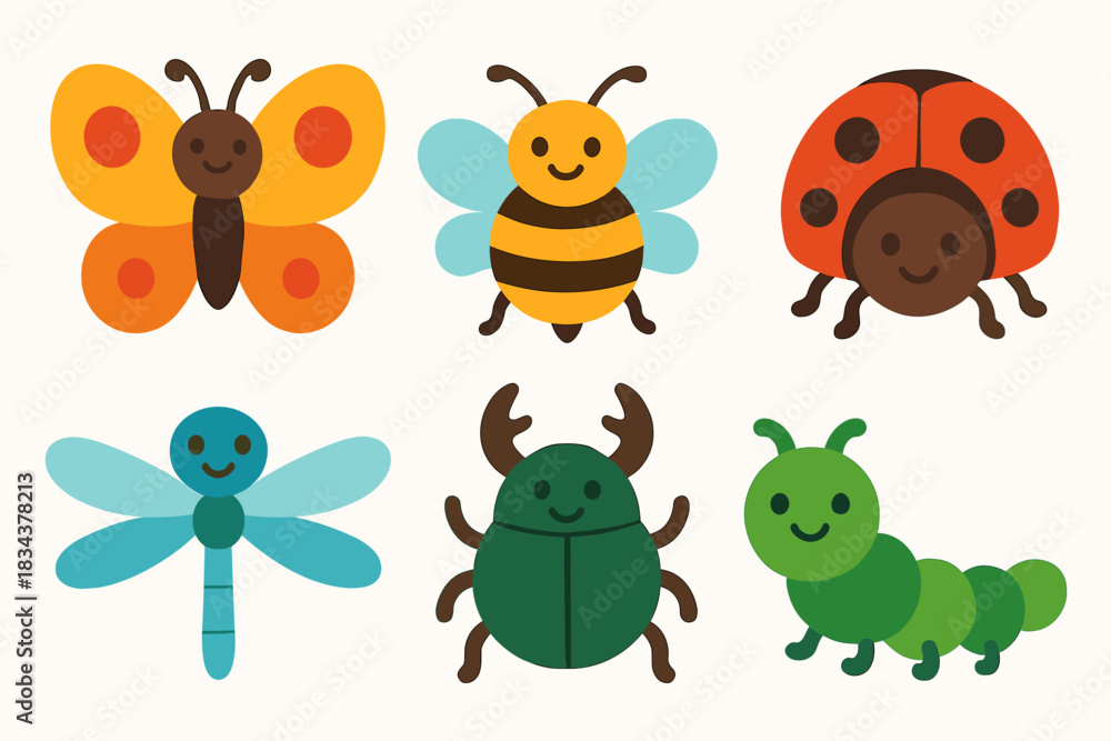 Obraz premium Cute cartoon insect collection: butterfly, bee, ladybug, dragonfly, beetle, caterpillar