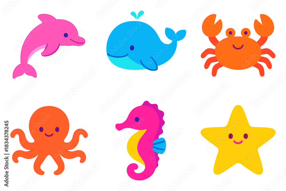 Fototapeta premium Cute marine animals collection with vibrant cartoon style sea creatures